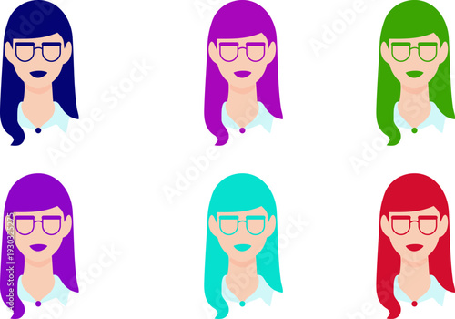 Set of women with matching colors for hair, lips, and glasses details. Each character wears a blue collared shirt. Perfect for fashion, diversity, character design, and modern flat vector projects.