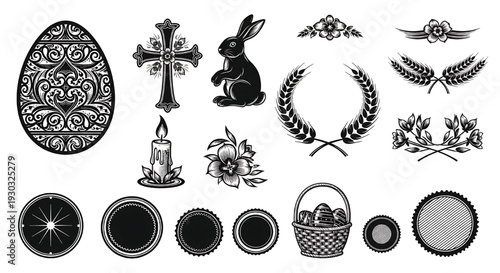 Easter design elements set with ornate egg, rabbit silhouette, floral cross, wheat wreath, candle, flowers, basket and badges