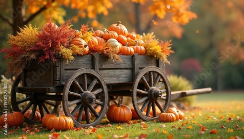 Wooden cart brimful with pumpkins gourds and colorful fall foliage. Pumpkins scattered on grass. Autumnal scene evokes harvest season vibes.