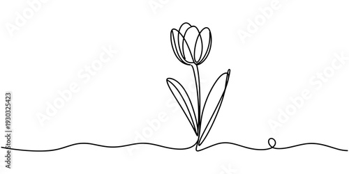 Tulip single line drawing. Abstract flower continuous one line illustration. Minimalist line art tulip. Continuous line drawing of flower tulip. Tulip flower with leaves. Vector illustration