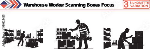 Warehouse Worker Silhouette Scanning Inventory Boxes for Logistic Fulfillment Center Focus