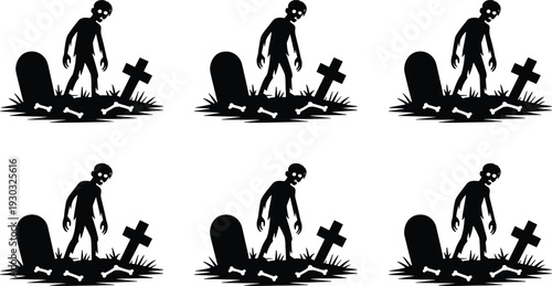 Zombie rising from grave silhouette set isolated on white background, scary undead character with tombstone cross and bones Halloween illustration