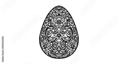 Egg ornament with ornate floral filigree line art, black and white teardrop Easter decoration isolated on white