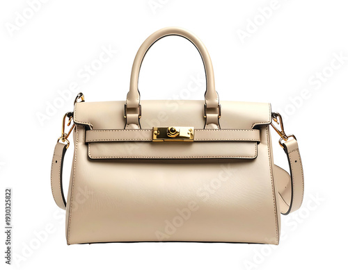Elegant cream-colored handbag with gold hardware and adjustable strap