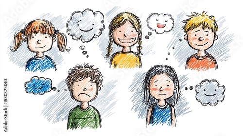 Hand-drawn child face with thought bubble, representing thinking process and mental state of child in psychology and inner thought.