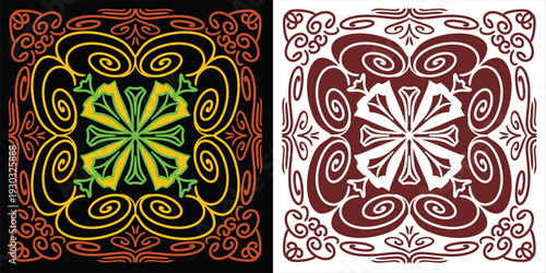 A vibrant bandana vector graphic illustration of two intricate floral designs with swirling patterns
