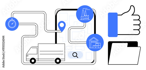 Logistics concept. Logistics with a map interface, truck, and icons for distribution and facilities. Logistics efficiency and supply chain management. For transport, delivery apps, shipping