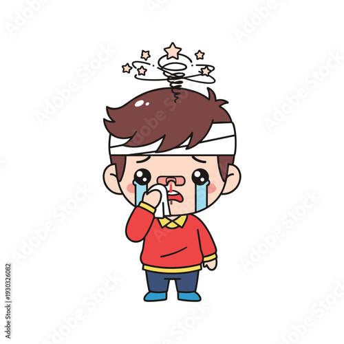 A cartoon boy with a bandage on his head looks distressed with tears running down his face