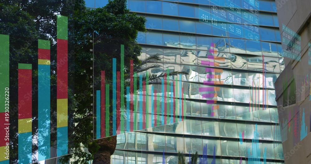 Obraz premium Showing reflective glass facade displaying colorful data overlays at office district, left tree