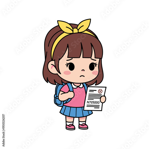 A young schoolgirl in a pink shirt and blue skirt holding a test paper marked with an X and giving a thumbs down