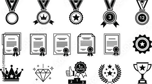 Black silhouette vector set of award icons including medals trophies certificates laurel wreaths crowns and winner podium isolated on a plain white background background.