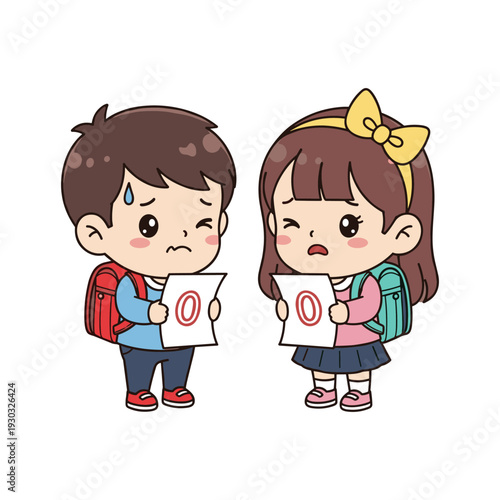 Two disappointed school children holding test papers with zero scores showing sadness and frustration