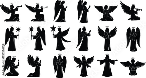 Black silhouette vector set of heavenly angels in various poses including praying kneeling and playing trumpets isolated on a white background for religious decor.