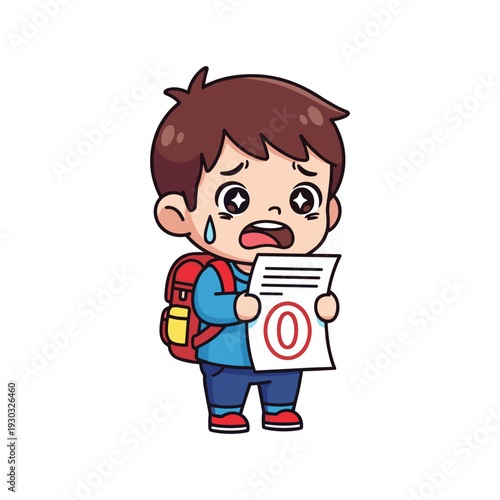 A young boy wearing a backpack and holding a test paper with a failing grade looks upset and disappointed