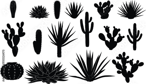 Black silhouette vector set of various desert plants including prickly pear cactus agave and saguaro succulents isolated on a plain white background for design.