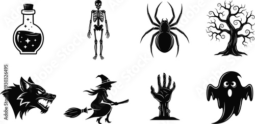 Black silhouette vector set of horror Halloween icons including a skeleton witch on broomstick werewolf spider ghost and magic potion on white background.
