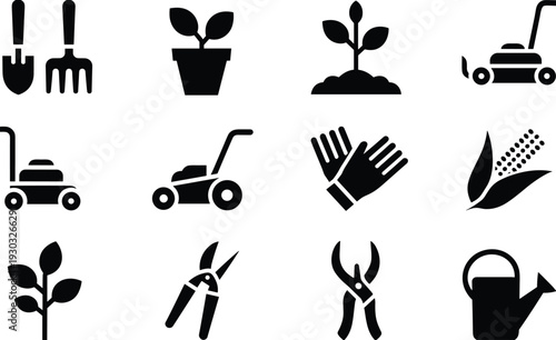 Black gardening tools and lawn care icons set including shovel rake mower gloves plants and watering can vector illustration collection isolated