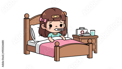 A concerned cartoon girl with a bandaged head and thermometer resting in bed with medicine on the side table
