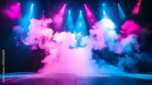 Stage illuminated with blue and pink spotlights and fog machine effects