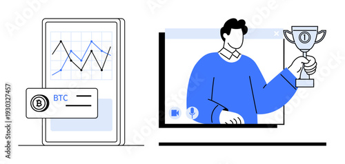 Smartphone with Bitcoin market analysis graph and online recognition ceremony featuring person holding trophy via conference call. Ideal for cryptocurrency, awards, fintech, e-commerce, remote work