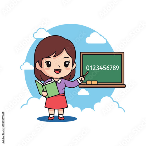 A cheerful cartoon girl in a colorful outfit holding a book and pointing at a chalkboard with numbers written on it