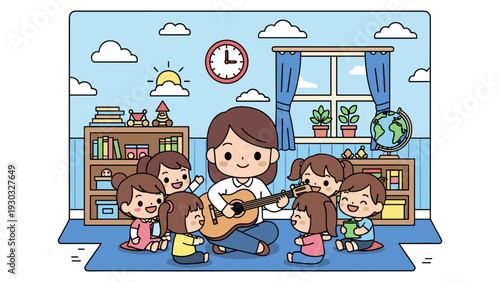 A cheerful teacher playing guitar for a group of young children in a bright and colorful classroom setting