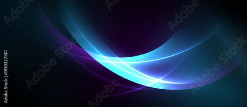 Abstract luminous curves dominate dark background. Bright blue lines intersect, creating dynamic visual effect. Smooth gradients suggest movement, depth.