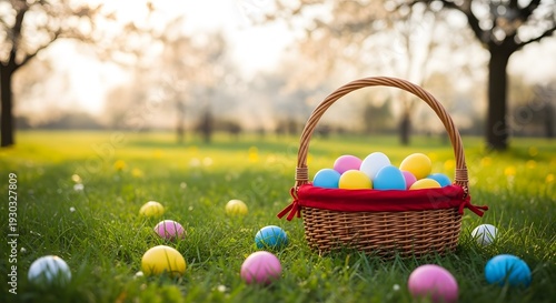 Easter eggs in a wicker basket on a green grassy field with trees in the background on easter day