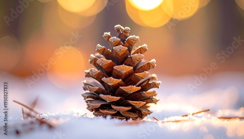 Pine cone resting on snow with bokeh background.