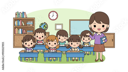 A cheerful teacher standing in front of a classroom filled with young students sitting at their desks