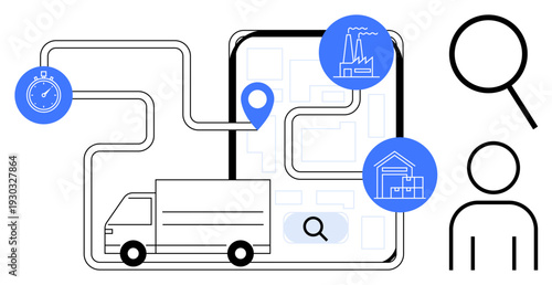 Delivery truck connected to route map, location pin, and icons of factory and warehouse. Magnifying glass and stopwatch signify search and time efficiency. Ideal for supply chain, logistics