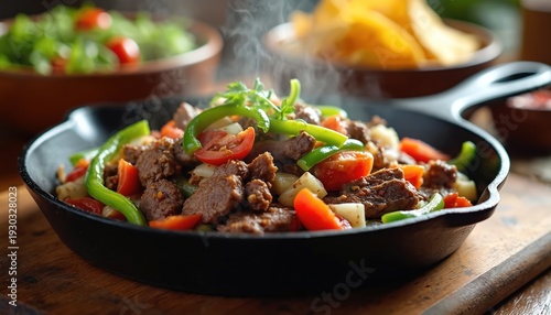 Hot sizzling fajitas cook in black cast iron pan. Beef strips mix with green peppers tomatoes onions, fresh cilantro garnish. Dinner meal served with salsa chips.