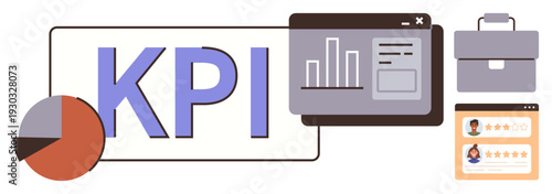 Business management, performance tracking, strategy planning, analytics, goal setting, marketing insights. Visual of KPI text, pie chart graphs portfolio and employee reviews. Performance tracking