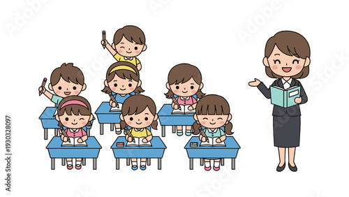 A cheerful teacher standing beside a group of young students sitting at their desks in a classroom