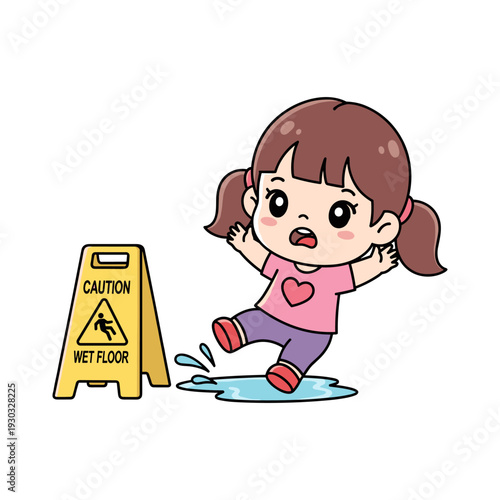 A young girl with brown hair and a pink shirt slipping on a wet floor near a caution wet floor sign.