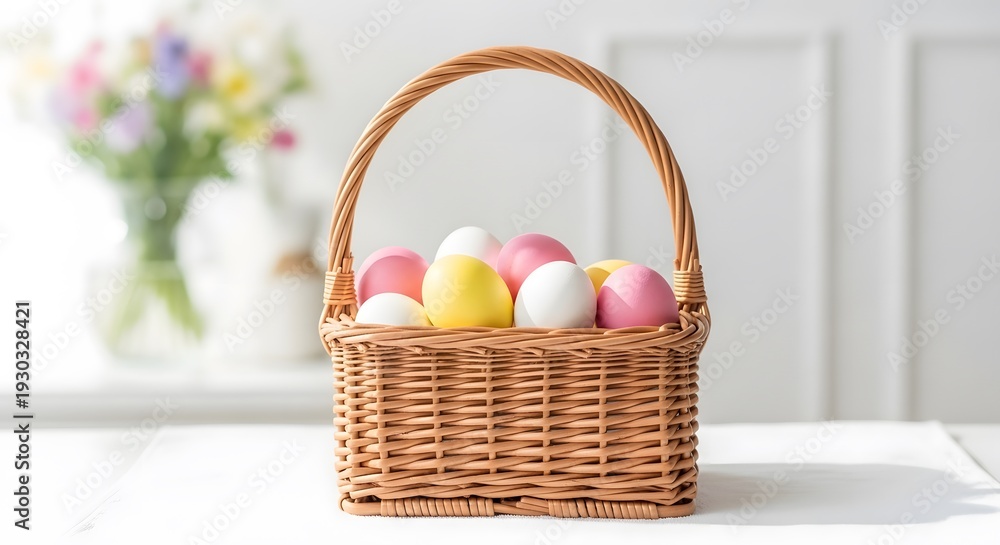 Fototapeta premium Easter basket with colorful eggs on white table with flowers