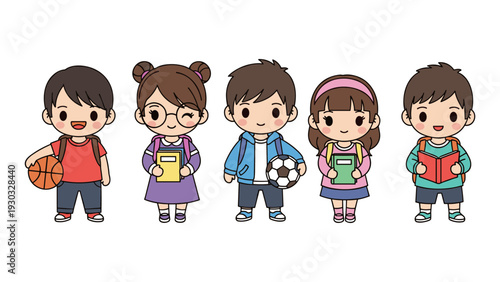 A group of five cartoon children with backpacks and sporting equipment standing together