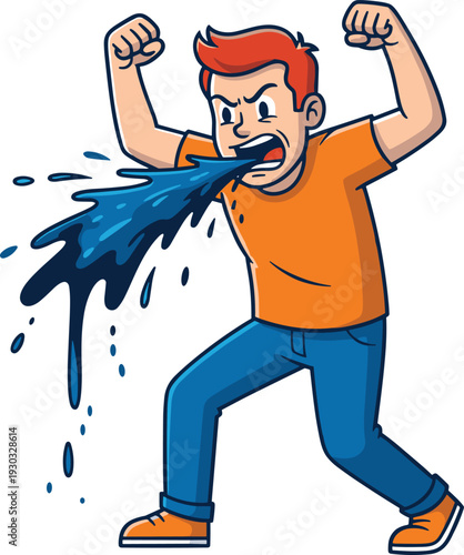 Angry cartoon man spitting water in frustration with raised fists emotional expression vector illustration isolated on white background