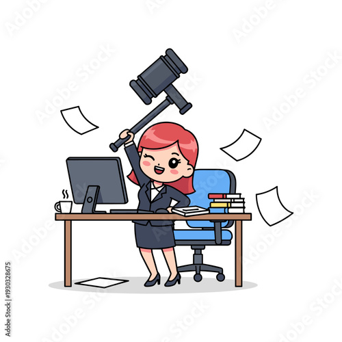 A frustrated businesswoman sitting at her desk with papers flying around as she holds a gavel in anger