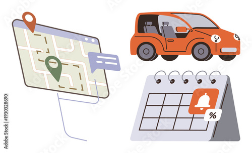 Navigation tools, vehicle management, scheduling, car rentals, maintenance tracking, ridesharing. Map with location pins, red car icon and calendar with notification. Navigation and vehicle