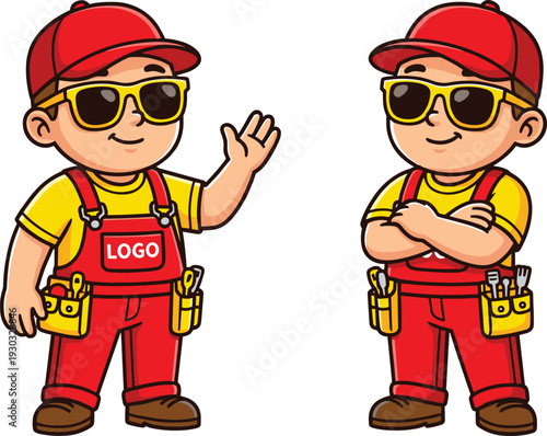 Cartoon handyman mascot wearing red uniform and tool belt with logo space professional repair service vector illustration isolated