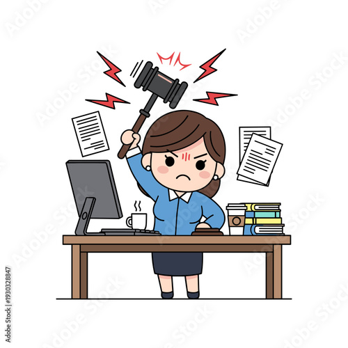 An angry cartoon character sitting at a cluttered desk with a laptop and holding a gavel