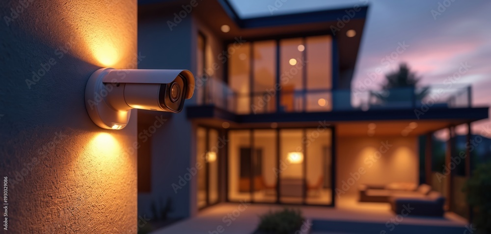Naklejka premium Security camera mounted on wall. Modern house exterior at twilight with warm lighting. Surveillance equipment offers property protection, safety. Smart home technology enhances residential security.
