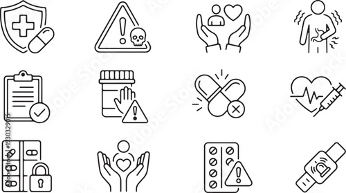 Healthcare Icon Set Illustrating Medication Safety and Medical Risk Awareness