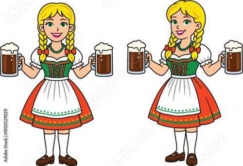 Cartoon Oktoberfest waitress in traditional dirndl holding beer mugs Bavarian festival character vector illustration isolated on white background
