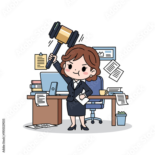 A frustrated businesswoman with brown hair holding a large gavel over her head in a cluttered office setting