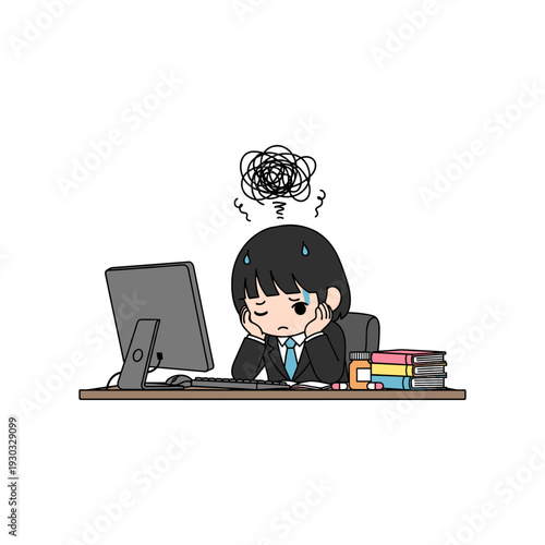 A stressed office worker sitting at a desk surrounded by books and a computer with a tangled mess of thoughts above their head