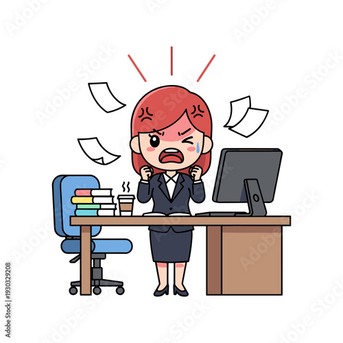 A frustrated woman at her office desk with papers flying around her in chaos