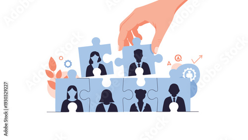 Large human hand carefully placing a puzzle piece with a business person silhouette into a puzzle to represent human resources and hiring.
