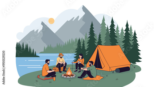 Happy friends sitting around a campfire near a tent on the shore of a beautiful mountain lake during a relaxing outdoor camping trip in nature.